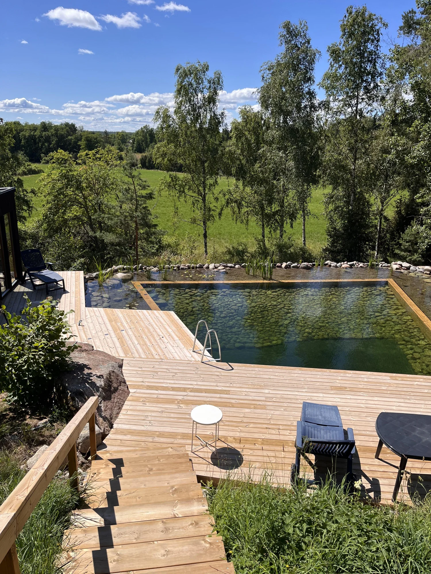 Min naturpool med trädäck, sittplatser och grönskande trädgård, sedd från trappan.