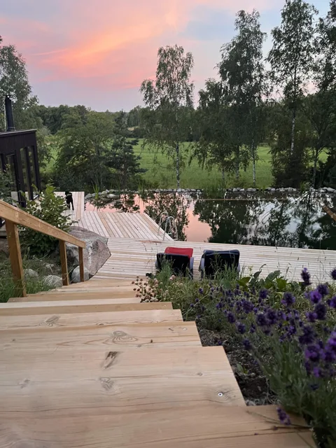 Trädäck och naturpool i kvällsljus under en rosafärgad himmel.